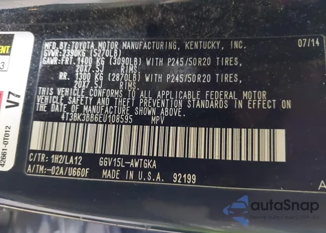 2014 Toyota Venza Limited V6 из США, поврежденный, VIN 4T3BK3BB6EU108595